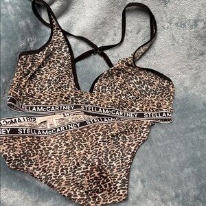 Stella McCartney Set Leopard-Print Bralette & Brief Set in Black and Tan Large